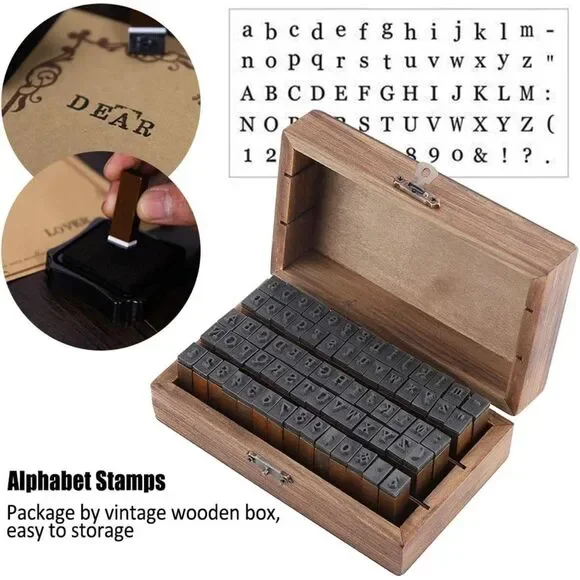 NEW! 70pc Vintage Wood Alphabet & Number Rubber Stamp Set in Rustic Keepsake Box - Picture 5 of 8